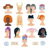 colección de chicas del zodiaco aislada sobre fondo blanco. concepto de diversidad femenina. vector