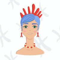 Blue-haired girl with coral tiara on astrology seamless background. vector