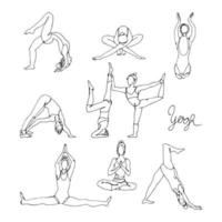 mujer en diferentes poses de yoga boceto dibujado a mano. vector