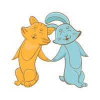 Cute bunny and kitty holding hands together. vector