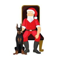 Santa Claus with dog on white background. Santa sitting on chair with doberman next to him. vector