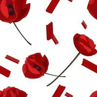 Red poppy flowers and paint smears seamless pattern. vector