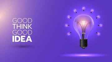 Light bulb with a small bulb halo on a purple background for creative work. vector