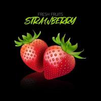 Strawberry on a black background with reflections for illustration. vector