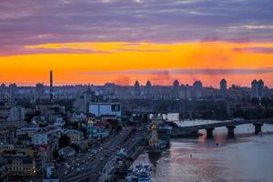 Kiev, Ukraine - July 4, 2019. Panorama of city Kiev, observation deck on the Dnipro, sunset sky in the background forms the flag of Ukraine. Defocused photo