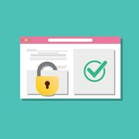 Secure access with a password in the web browser window, protected window and unprotected window. Padlock and tick as website login, digital privacy Flat vector illustration