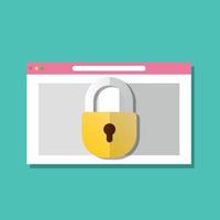 Internet data privacy policy, padlock on computer monitor screen, flat style, browser windows, private lock technology, security or authentication system, vector illustration