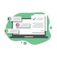 Laptop with online chat, discussion of important documents, online form with checklist document, flat design, internet digital survey idea. vector