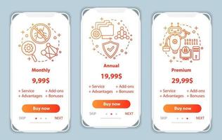 Antivirus subscription onboarding mobile app screens with service prices. Walkthrough website pages templates. Anti virus software tariff plans steps. Smartphone payment web page layout vector