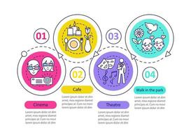 First date vector infographic template. Cinema, theater, cafe, park walk. Presentation. Data visualization with four steps and options. Process timeline chart. Workflow layout with linear icons