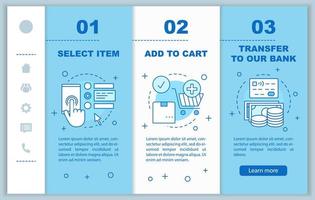 Online shopping onboarding mobile web pages vector template. Digital purchase. Select items, add to cart, make payment. Responsive smartphone website interface. Webpage walkthrough step screens