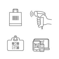 Barcodes linear icons set. QR code identification card, handheld barcode scanner, shopping bag, QR codes on different devices. Contour symbols. Isolated vector outline illustrations. Editable stroke