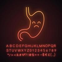 Sad stomach neon light icon. Unhealthy digestive system. Gastrointestinal tract disease, problem. Indigestion. Glowing sign with alphabet, numbers and symbols. Vector isolated illustration