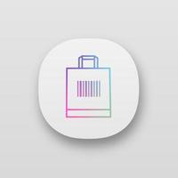 Shopping bag with barcode app icon. Retail. Merchandising. Using traditional barcodes. One dimensional code data identification. UI UX user interface. Mobile application. Vector isolated illustration