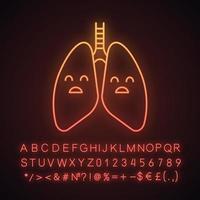 icono de luz de neón de pulmones humanos tristes. enfermedades respiratorias, problemas. sistema pulmonar no saludable. signo brillante con alfabeto, números y símbolos. ilustración vectorial aislada vector