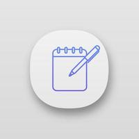 Notepad with pen app icon. Taking notes. To do list. Planner. Action planning. Business plans, goals, tasks writing down. UI UX user interface. Web or mobile application. Vector isolated illustration