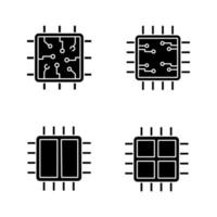 conjunto de iconos de glifo de procesadores. chip, microprocesador, unidad integrada, procesadores de dos y cuatro núcleos. símbolos de silueta. ilustración vectorial aislada vector