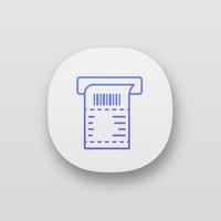 ATM receipt app icon. UI UX user interface. Payment terminal paper check. Bill. Sales receipt. Web or mobile application. Vector isolated illustration