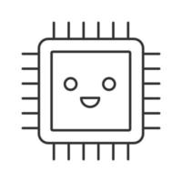 icono lineal del procesador sonriente. Microprocesador funcionando bien. ilustración de línea delgada. chip, microchip, chipset de buena calidad. UPC. circuito integrado. dibujo de contorno aislado vectorial. trazo editable vector