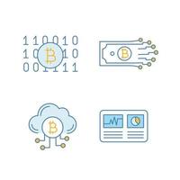 Bitcoin cryptocurrency color icons set. Binary code, digital money, cloud mining, hashrate. Isolated vector illustrations