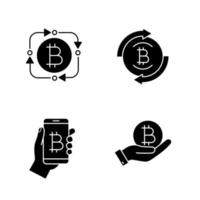 Bitcoin cryptocurrency glyph icons set. Fintech, bitcoin refund, digital wallet, coin in hand. Silhouette symbols. Vector isolated illustration