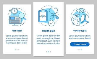 Medical services onboarding mobile app page screen with linear concepts. Diagnosis. Medical exam. Healthcare and medicine steps graphic instructions. UX, UI, GUI vector template with illustrations