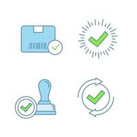 Approve color icons set. Verification and validation. Approved delivery, check mark, stamp of approval, checking process. Isolated vector illustrations