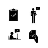 Approve glyph icons set. Verification and validation. Clipboard with check mark, person checking document, contract signing, approval chat. Silhouette symbols. Vector isolated illustration