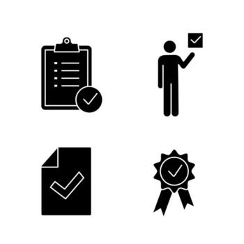 Approve glyph icons set. Verification and validation. Task planning, voter, document verification, award medal. Silhouette symbols. Vector isolated illustration