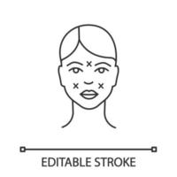 Neurotoxin injection sites linear icon. Facial markup for cosmetic procedure. Thin line illustration. Facial rejuvenation. Contour symbol. Vector isolated outline drawing. Editable stroke