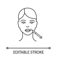 Lips neurotoxin injection linear icon. Anti wrinkle injection. Thin line illustration. Lips augmentation. Cosmetic procedure. Contour symbol. Vector isolated outline drawing. Editable stroke