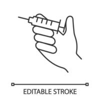 Injection linear icon. Hand holding syringe. Thin line illustration. Doctor's hand. Neurotoxin injection. Vaccination. Treatment. Contour symbol. Vector isolated outline drawing. Editable stroke