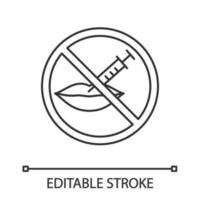 Neurotoxin lips injection prohibition linear icon. Stop lips augmentation. Thin line illustration. Injection inside forbidden sign contour symbol. Vector isolated outline drawing. Editable stroke