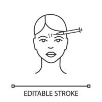 Forehead neurotoxin injection linear icon. Frown lines anti wrinkle injection. Thin line illustration. Wrinkle reducing. Contour symbol. Vector isolated outline drawing. Editable stroke