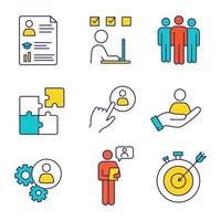 Business management color icons set. Resume, task solving, team, solution, staff hiring button, smart goal, online interview, teamwork, person in hand. Isolated vector illustrations