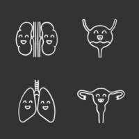 conjunto de iconos de tiza de órganos internos humanos sonrientes. riñones felices, vejiga urinaria, pulmones, útero. sistemas pulmonares, urinarios y reproductivos sanos. Ilustraciones de vector pizarra