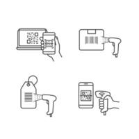 Barcodes linear icons set. Smartphone bar code scanning, delivery barcode scanning, hang tag, handheld qr code scanner. Thin line contour symbols. Isolated vector outline illustration. Editable stroke