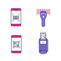 Brcodes color icons set. Smartphone barcode scanner, linear code reader, scanning app, payment terminal receipt. Isolated vector illustrations