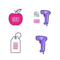 Brcodes color icons set. Product barcode, qr and linear codes scanner, hang tag, wireless handheld reader. Isolated vector illustrations