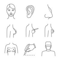 Plastic surgery linear icons set. Chin, ear, nose shape correction surgery, breast augmentation, scalpel incision, surgeon. Thin line symbols. Isolated vector outline illustrations. Editable stroke