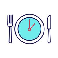 icono de color de la hora del almuerzo. pausa para la cena reunión de negocios por la tarde. tiempo y duración del almuerzo de negocios. cuchillo de mesa, tenedor y plato con reloj en el interior. ilustración vectorial aislada vector