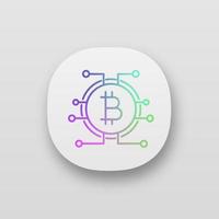 icono de la aplicación bitcoin. moneda virtual. banca en línea. interfaz de usuario ui ux. pago bitcoin. símbolo de contorno. vías de microchip con moneda en el interior. aplicación web o móvil. vector ilustración aislada