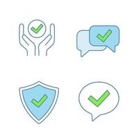 Approve color icons set. Verification and validation. Quality service, approved chat, confirmation dialog, shield with check mark. Isolated vector illustrations