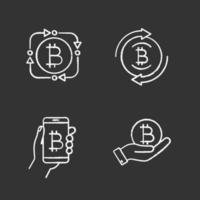 Bitcoin cryptocurrency chalk icons set. Fintech, bitcoin refund, digital wallet, coin in hand. Isolated vector chalkboard illustrations