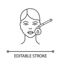 Neurotoxin injection area disinfection linear icon. Hyaluronic acid injection. Thin line illustration. Injectable filler. Contour symbol. Vector isolated outline drawing. Editable stroke