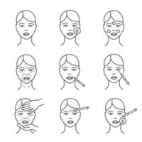 Neurotoxin injection cosmetic procedures linear icons set. Thin line contour symbols. Makeup removal, mimic wrinkles, cosmetologist examination. Isolated vector outline illustrations. Editable stroke