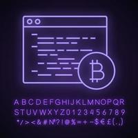 icono de luz de neón del software de minería bitcoin. codificación de cadena de bloques. Programación de criptominería. desarrollo de cadenas de bloques. signo brillante con alfabeto, números y símbolos. ilustración vectorial aislada vector