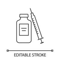 Neurotoxin linear icon. Thin line illustration. Medications. Neurotoxin injection. Medicine vial and syringe. Contour symbol. Vector isolated outline drawing. Editable stroke