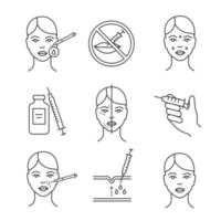 conjunto de iconos lineales de procedimientos cosméticos de inyección de neurotoxina. rejuvenecimiento facial. Procedimientos antiarrugas. inyección de neurotoxina. símbolos de contorno de línea delgada. ilustraciones vectoriales aisladas. trazo editable vector