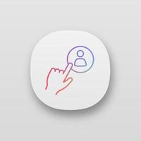 Hiring staff button app icon. Searching personnel click. Recruitment service. Hand pressing button. UI UX user interface. Web or mobile application. Vector isolated illustration